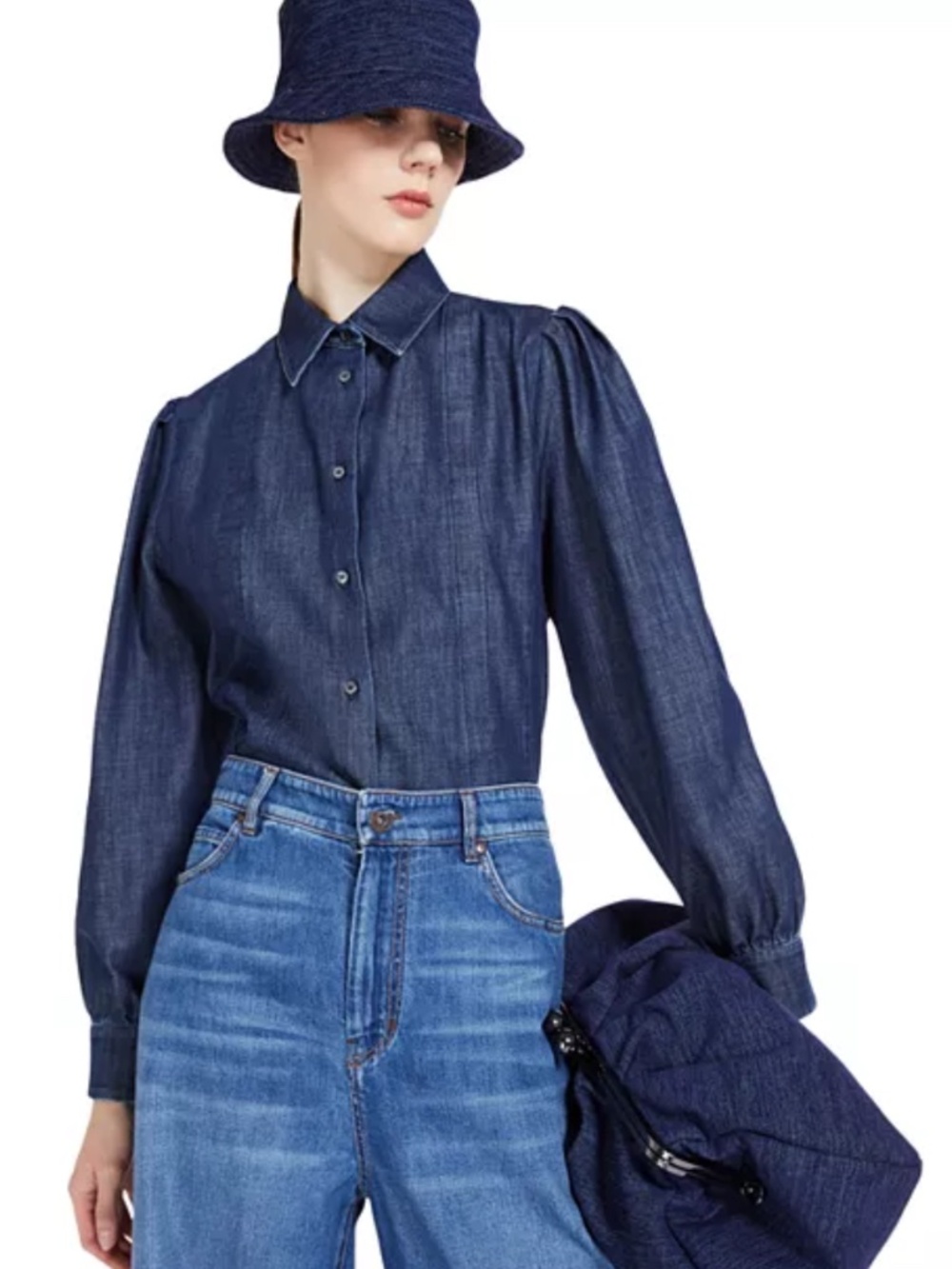 Max Mara Weekend Panthers Denim Puff Sleeve Shirt